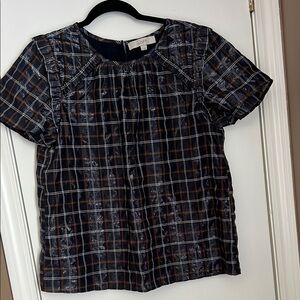 LOFT Plaid Short Sleeve Top - Navy and Brown